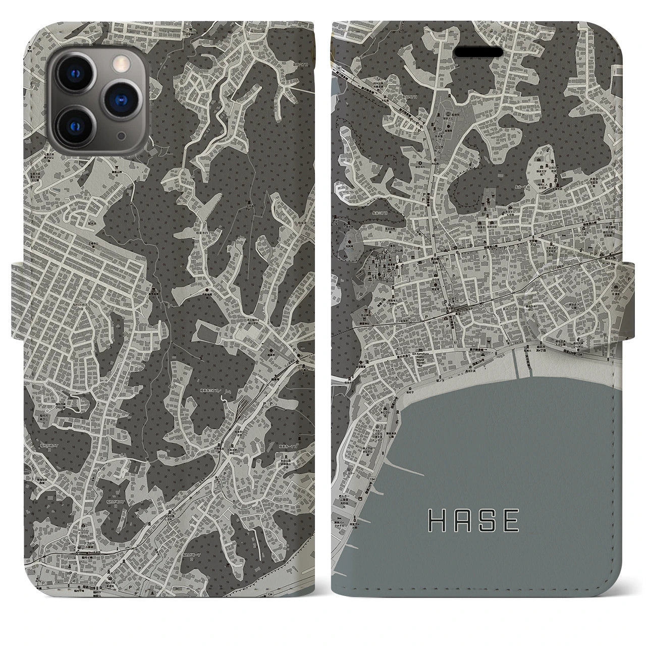 【長谷(神奈川県)】地図柄iPhoneケース(手帳タイプ)モノトーン・iPhone 11 Pro Max 用