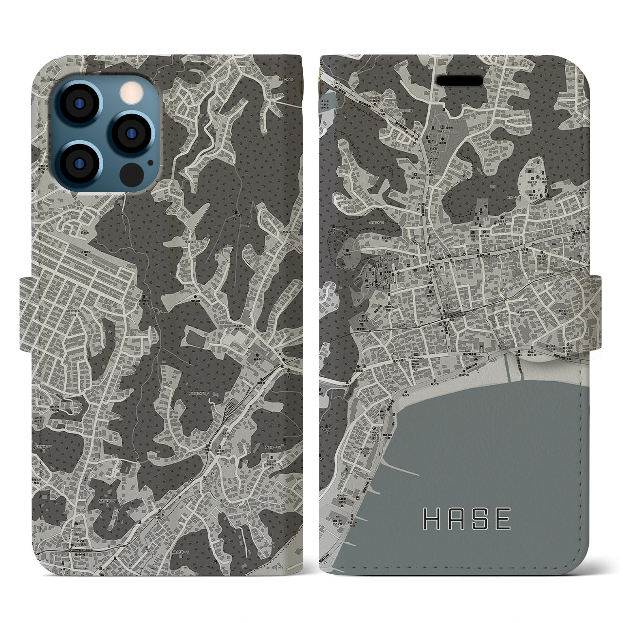 【長谷(神奈川県)】地図柄iPhoneケース(手帳タイプ)モノトーン・iPhone 12 / 12 Pro 用