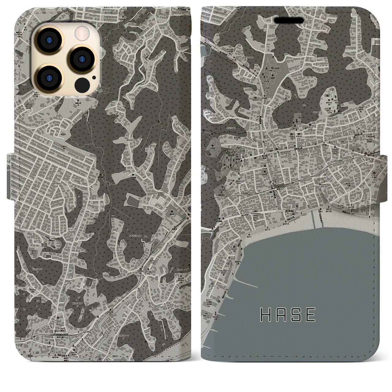 【長谷(神奈川県)】地図柄iPhoneケース(手帳タイプ)モノトーン・iPhone 12 Pro Max 用