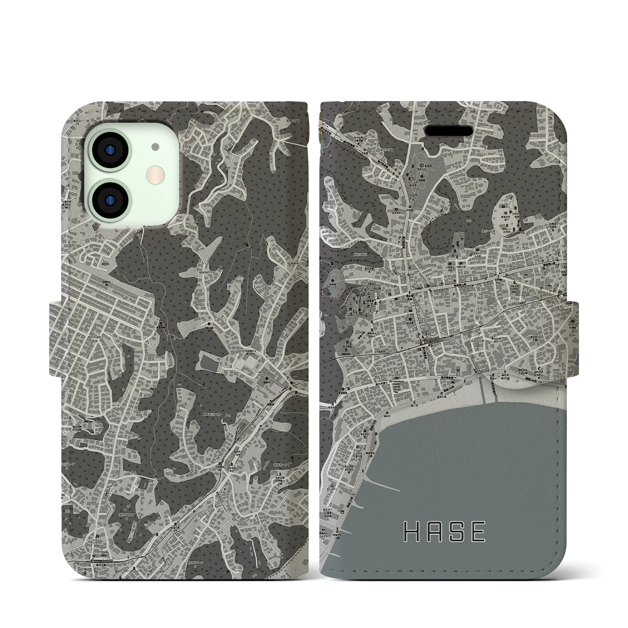 【長谷(神奈川県)】地図柄iPhoneケース(手帳タイプ)モノトーン・iPhone 12 mini 用