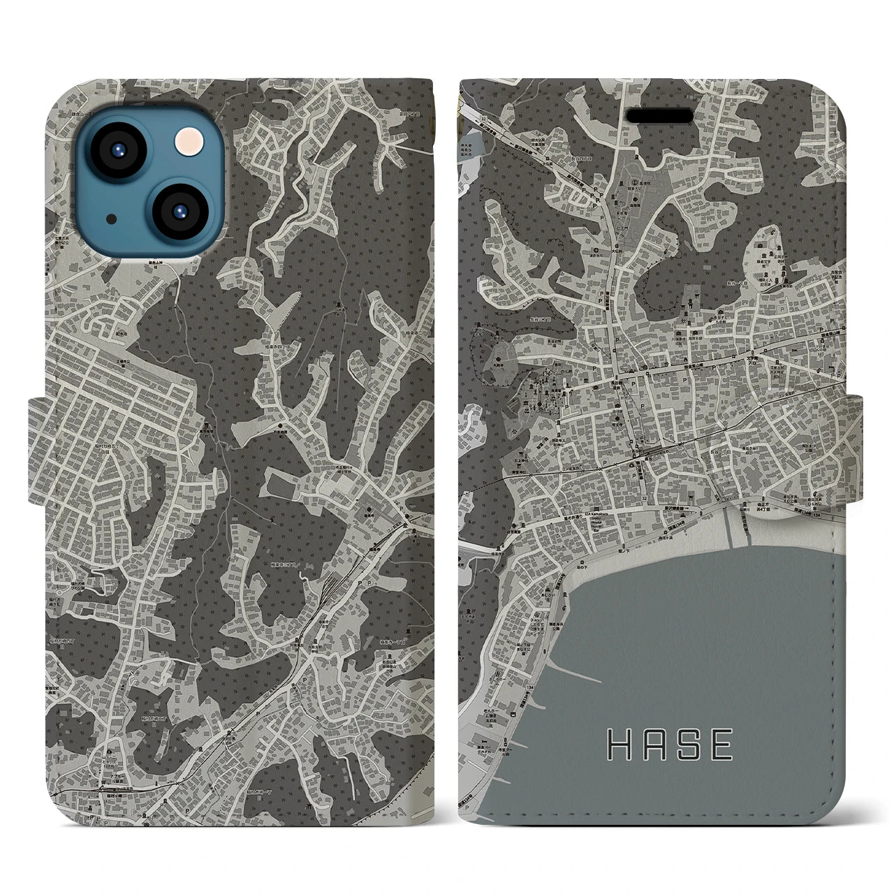 【長谷(神奈川県)】地図柄iPhoneケース(手帳タイプ)モノトーン・iPhone 13 用