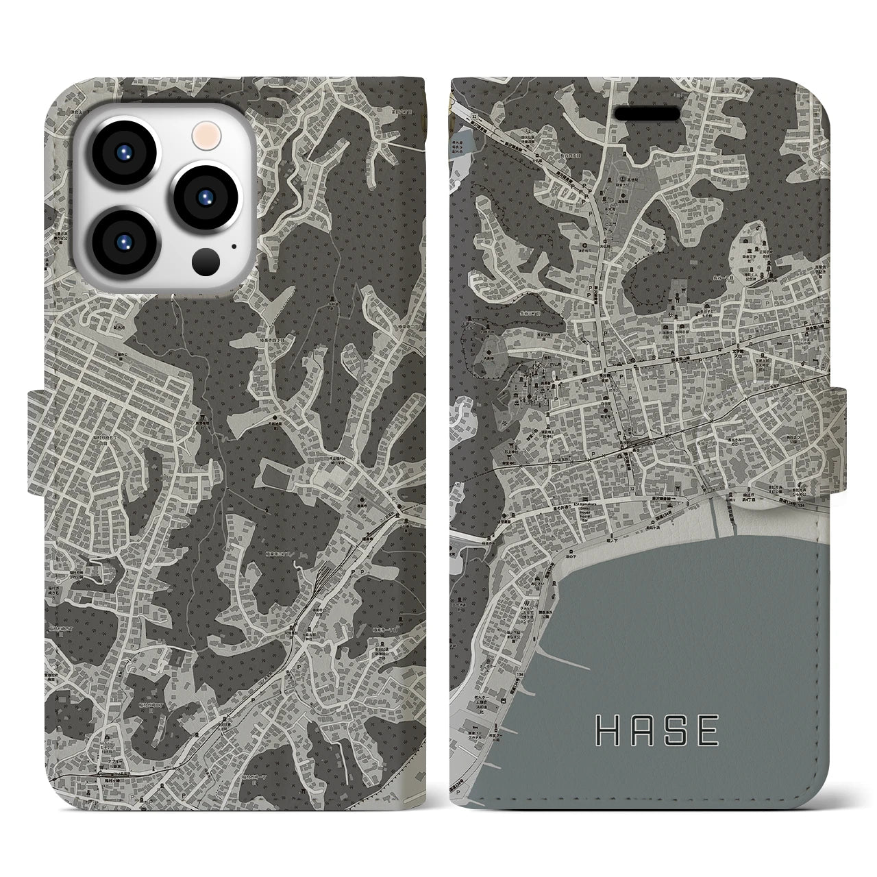 【長谷(神奈川県)】地図柄iPhoneケース(手帳タイプ)モノトーン・iPhone 13 Pro 用
