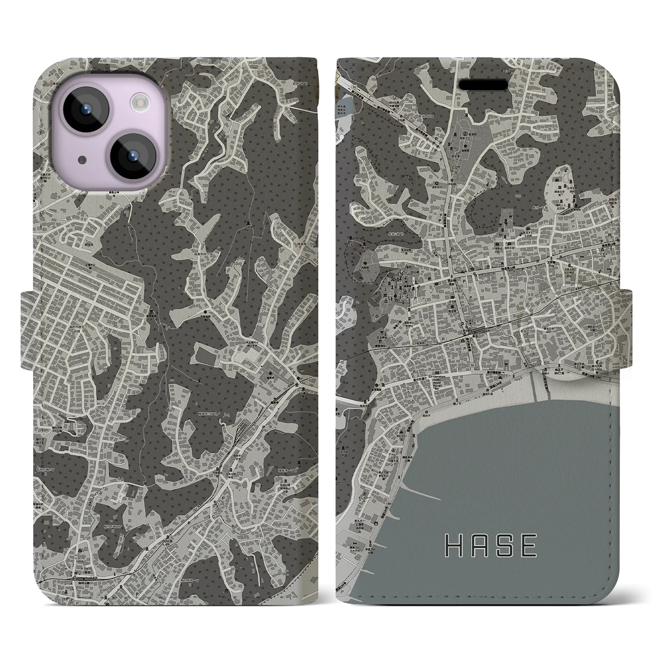 【長谷(神奈川県)】地図柄iPhoneケース(手帳タイプ)モノトーン・iPhone 14 用