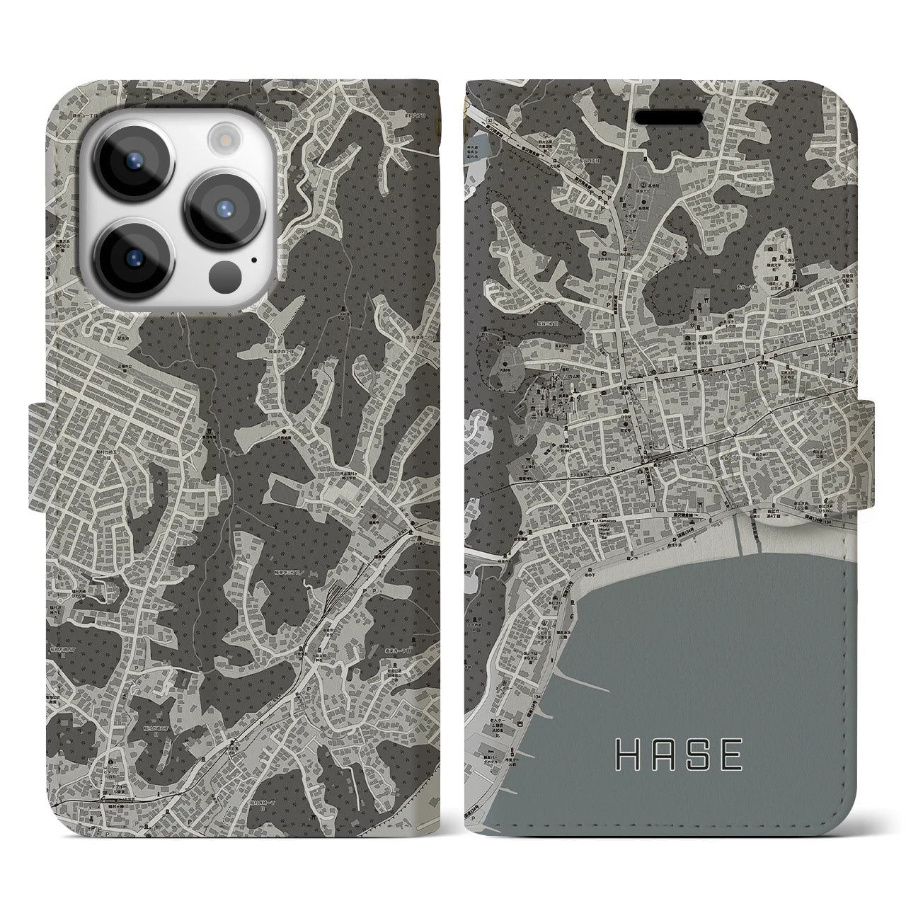 【長谷(神奈川県)】地図柄iPhoneケース(手帳タイプ)モノトーン・iPhone 14 Pro 用