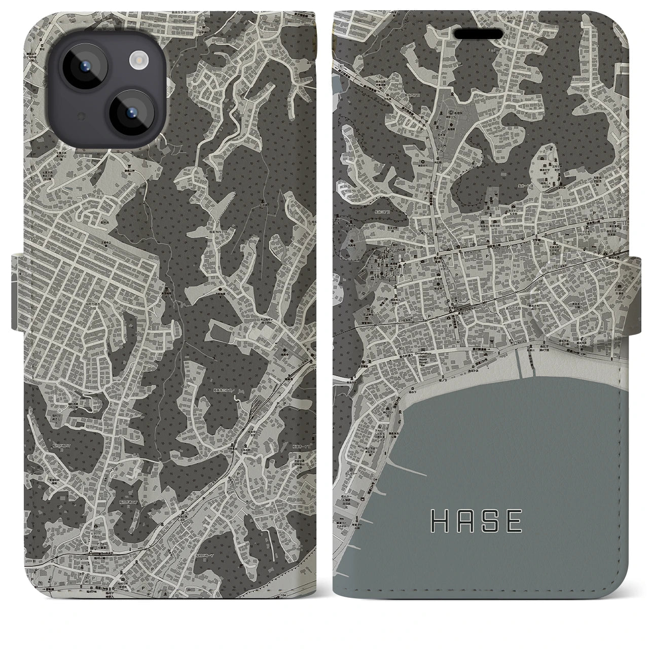 【長谷(神奈川県)】地図柄iPhoneケース(手帳タイプ)モノトーン・iPhone 14 Plus 用