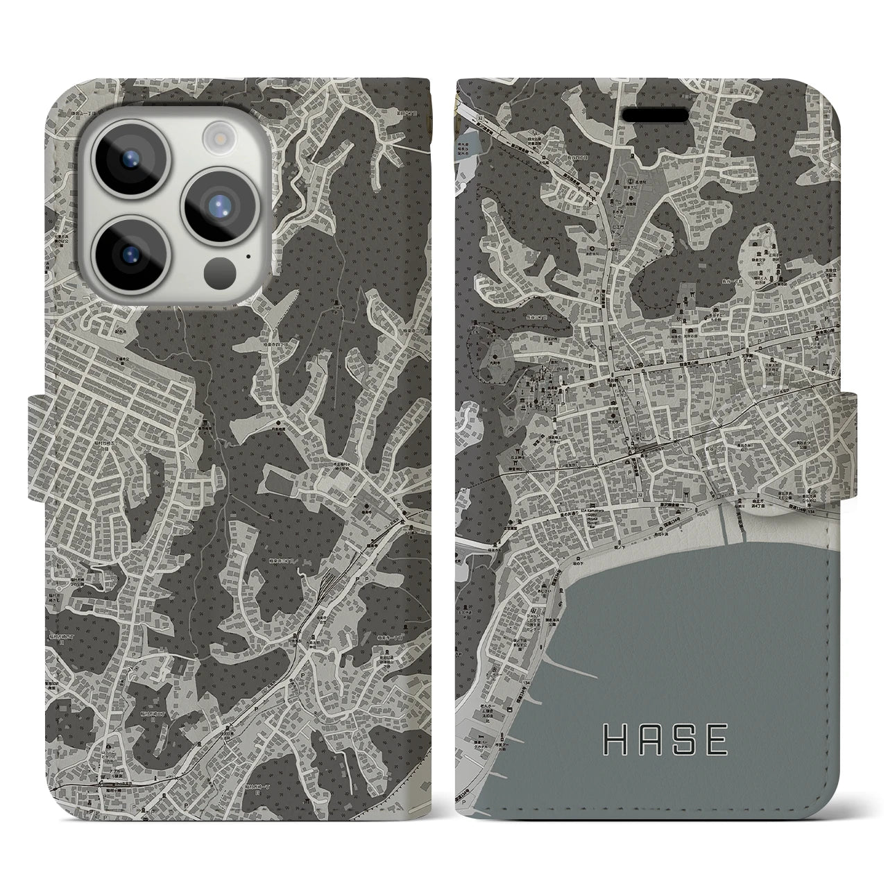 【長谷(神奈川県)】地図柄iPhoneケース(手帳タイプ)モノトーン・iPhone 15 Pro 用