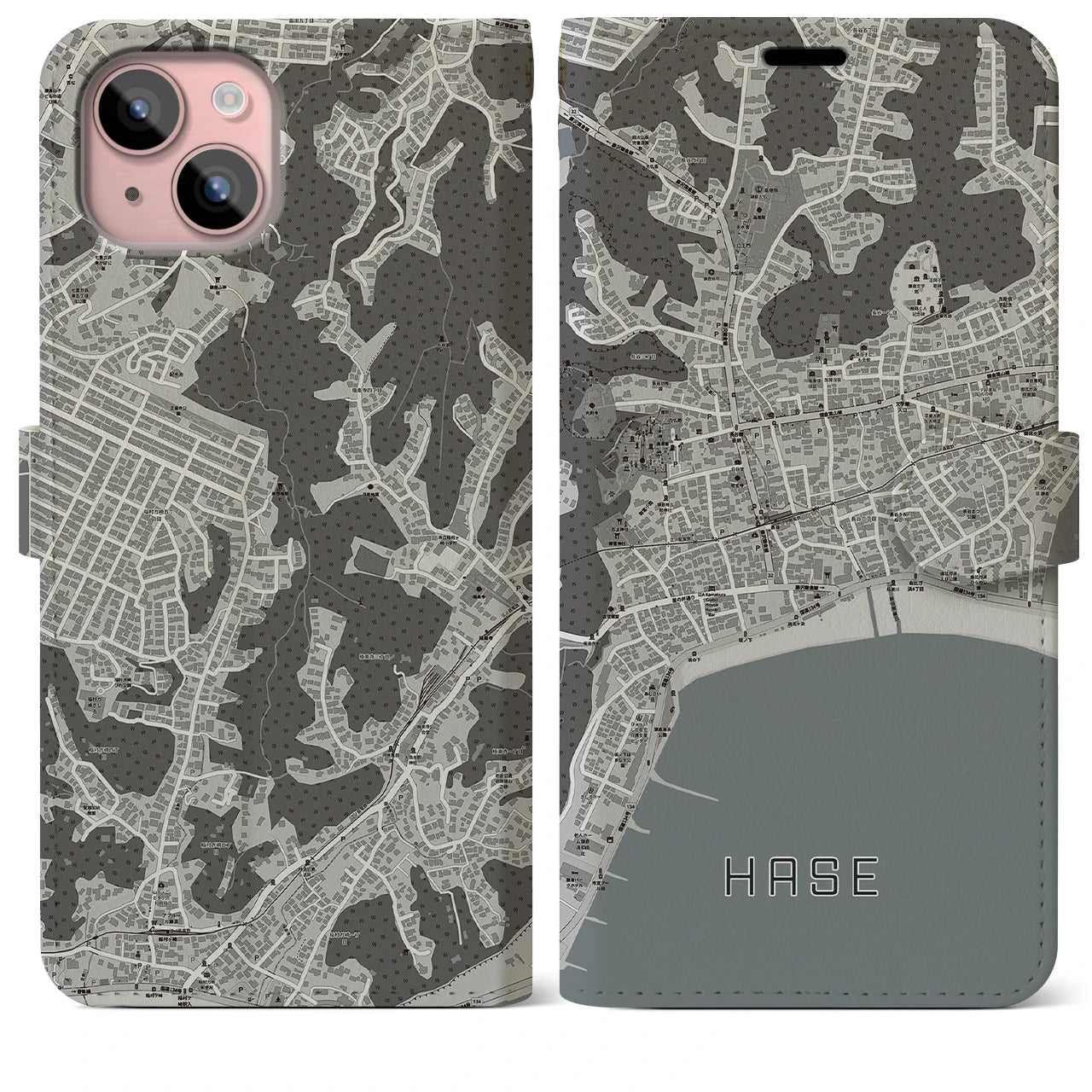 【長谷(神奈川県)】地図柄iPhoneケース(手帳タイプ)モノトーン・iPhone 15 Plus 用
