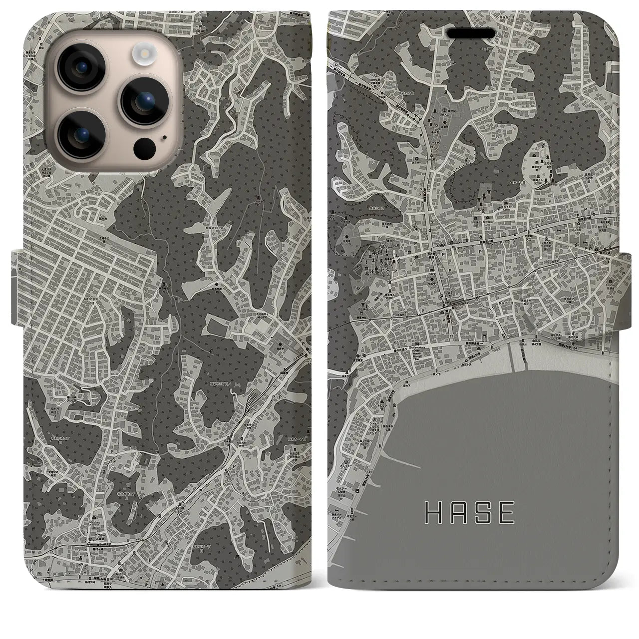 【長谷(神奈川県)】地図柄iPhoneケース(手帳タイプ)モノトーン・iPhone 16 Plus 用