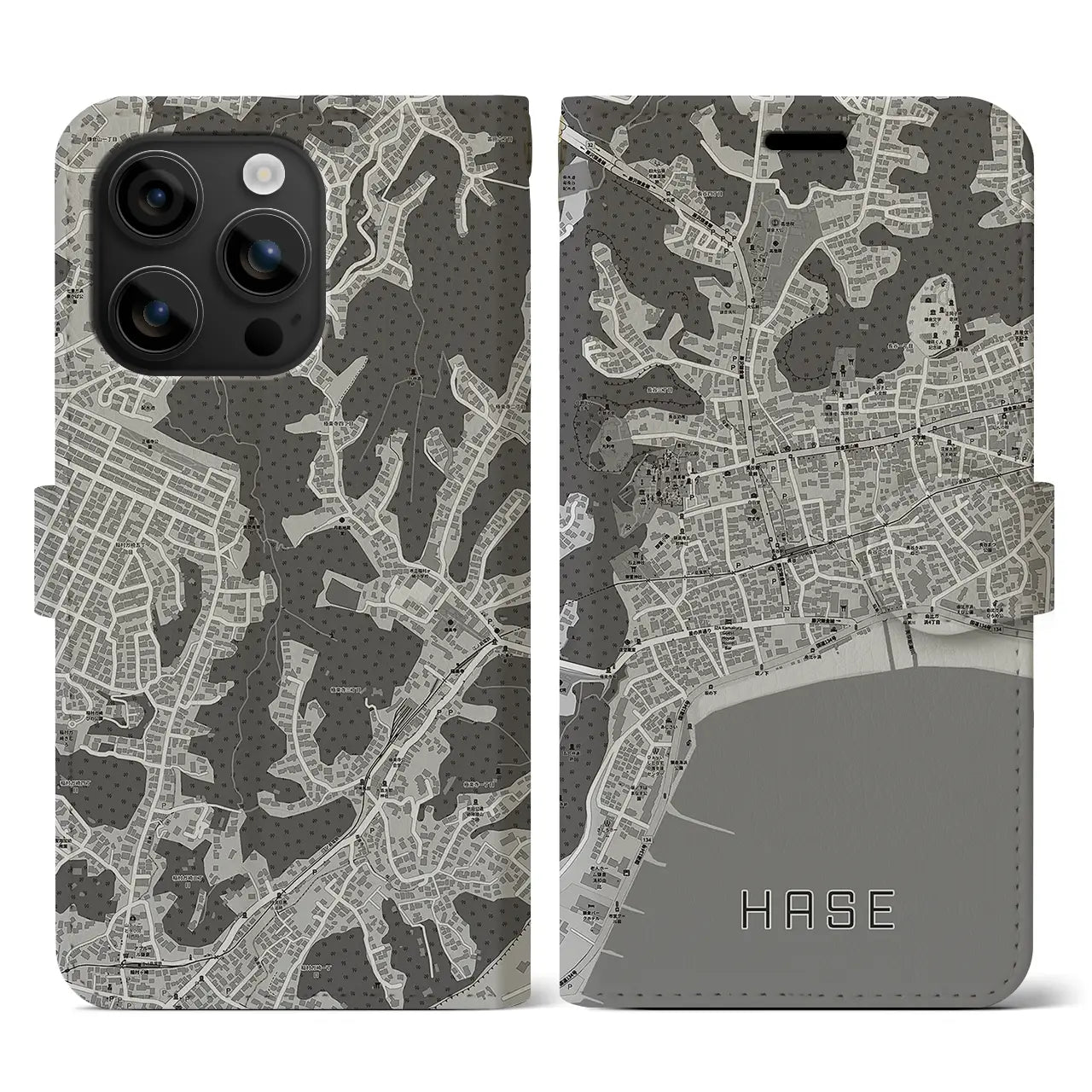 【長谷(神奈川県)】地図柄iPhoneケース(手帳タイプ)モノトーン・iPhone 16 用