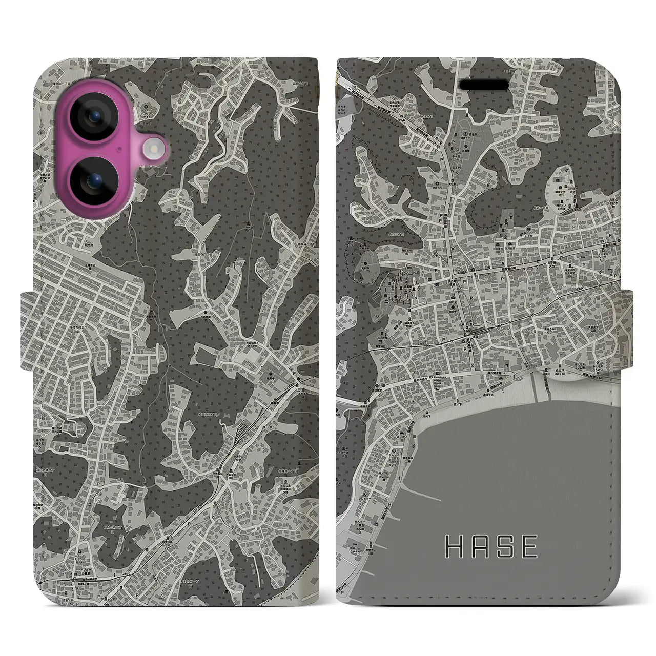 【長谷(神奈川県)】地図柄iPhoneケース(手帳タイプ)モノトーン・iPhone 16 Pro 用
