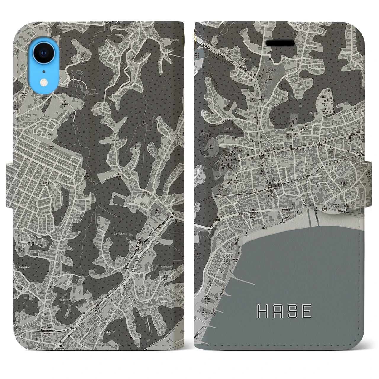 【長谷(神奈川県)】地図柄iPhoneケース(手帳タイプ)モノトーン・iPhone XR 用