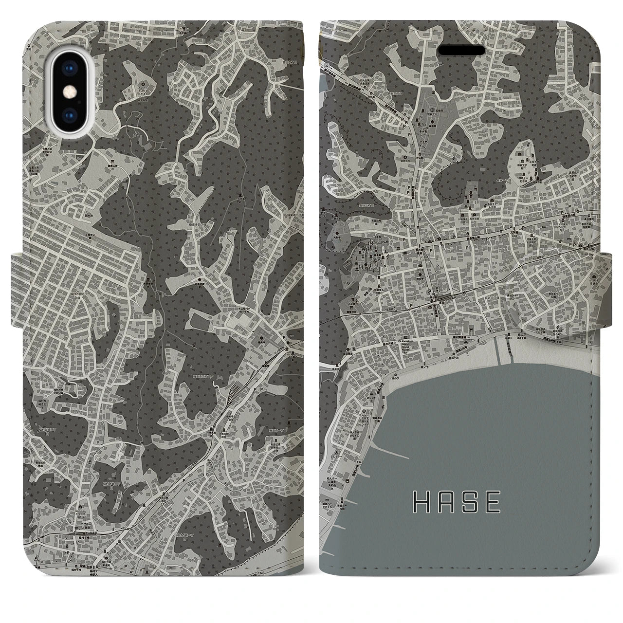 【長谷(神奈川県)】地図柄iPhoneケース(手帳タイプ)モノトーン・iPhone XS Max 用