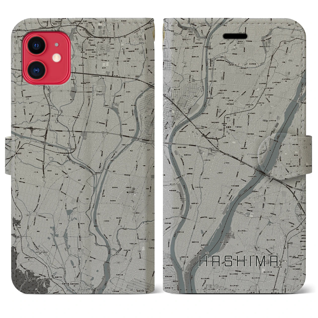 【羽島(岐阜県)】地図柄iPhoneケース(手帳タイプ)モノトーン・iPhone 11 用