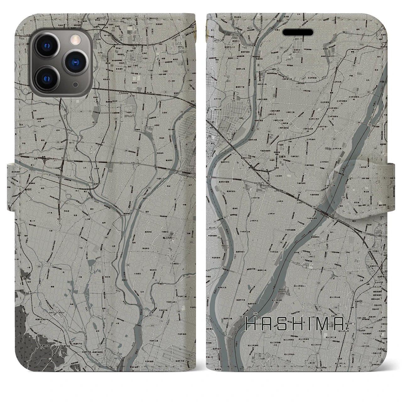【羽島(岐阜県)】地図柄iPhoneケース(手帳タイプ)モノトーン・iPhone 11 Pro Max 用