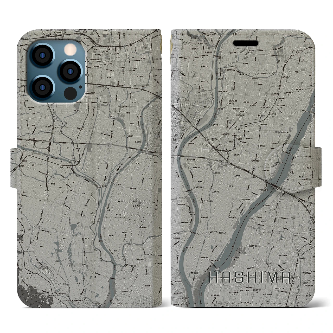【羽島(岐阜県)】地図柄iPhoneケース(手帳タイプ)モノトーン・iPhone 12 / 12 Pro 用