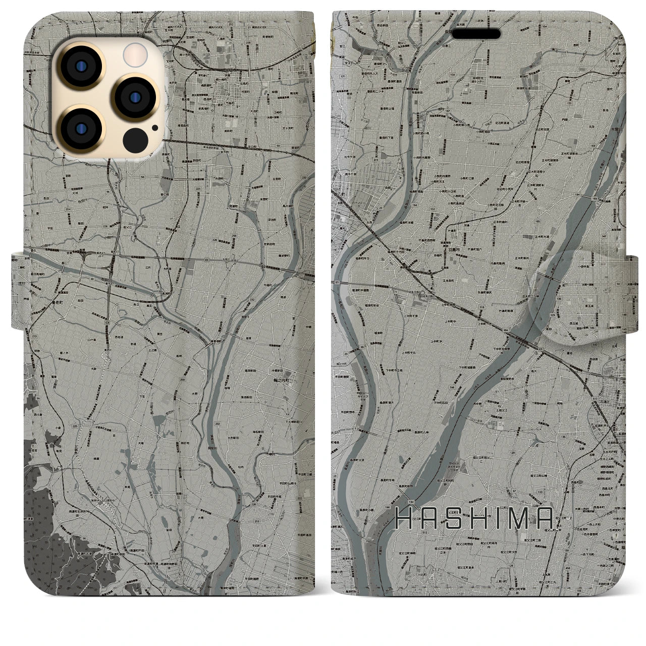 【羽島(岐阜県)】地図柄iPhoneケース(手帳タイプ)モノトーン・iPhone 12 Pro Max 用