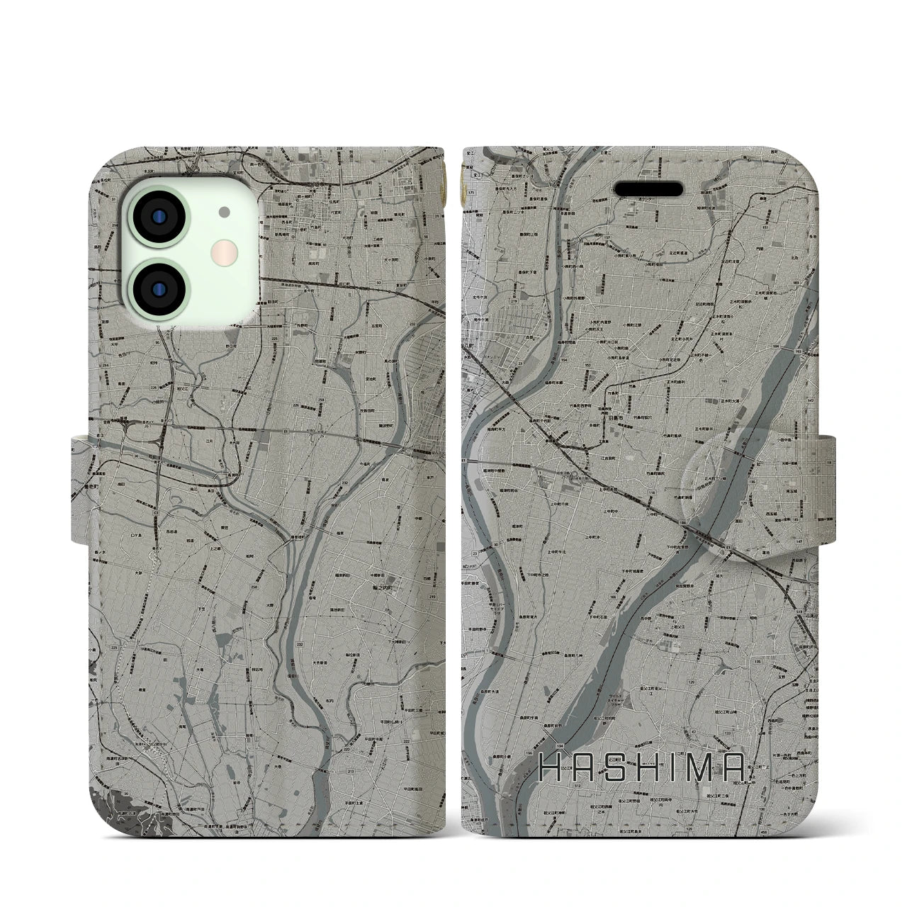 【羽島(岐阜県)】地図柄iPhoneケース(手帳タイプ)モノトーン・iPhone 12 mini 用