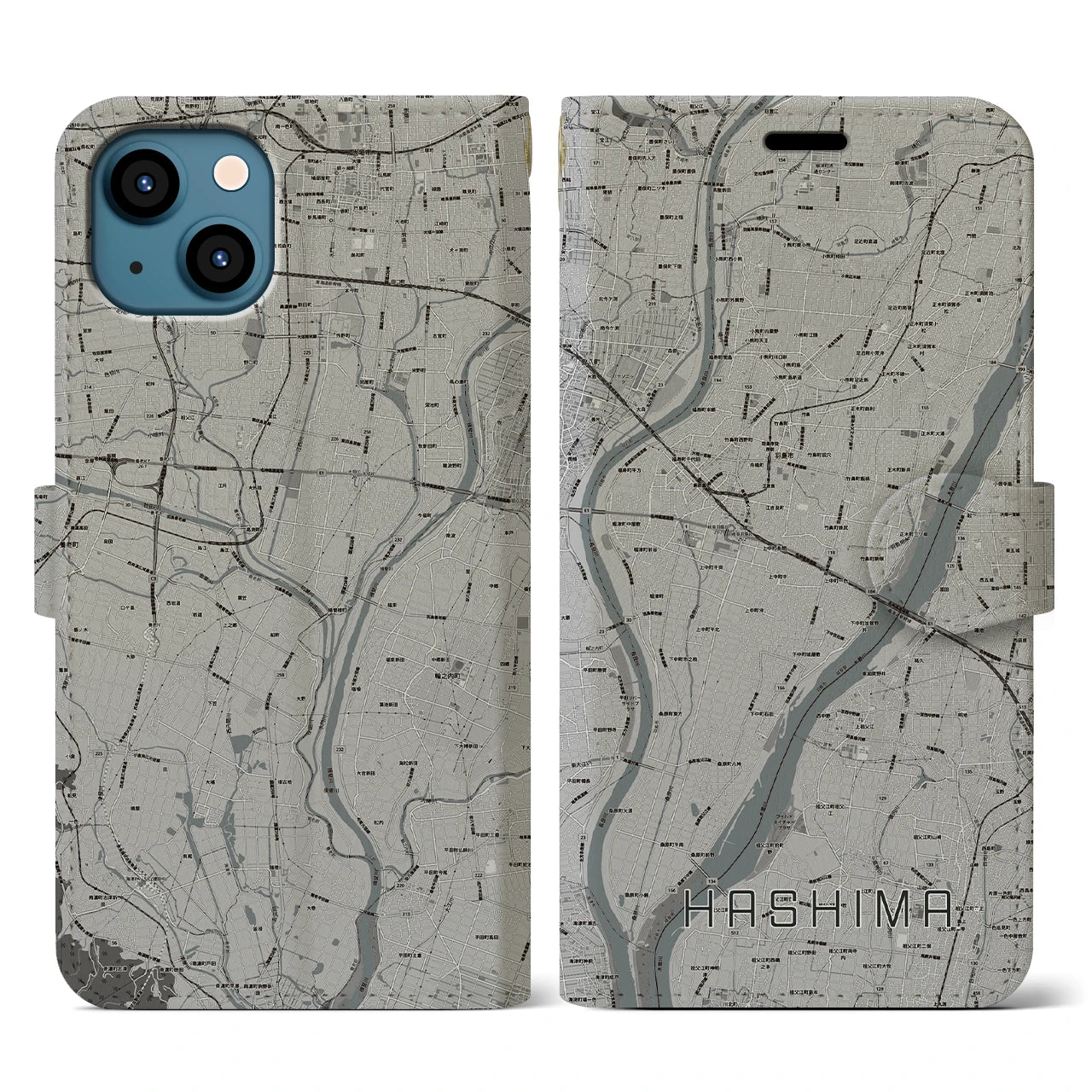 【羽島(岐阜県)】地図柄iPhoneケース(手帳タイプ)モノトーン・iPhone 13 用