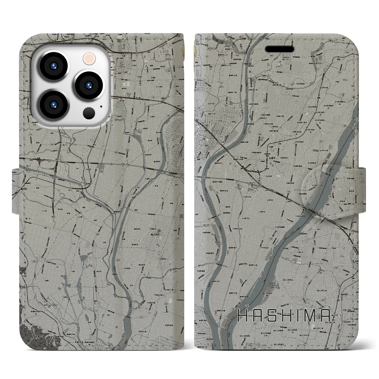 【羽島(岐阜県)】地図柄iPhoneケース(手帳タイプ)モノトーン・iPhone 13 Pro 用
