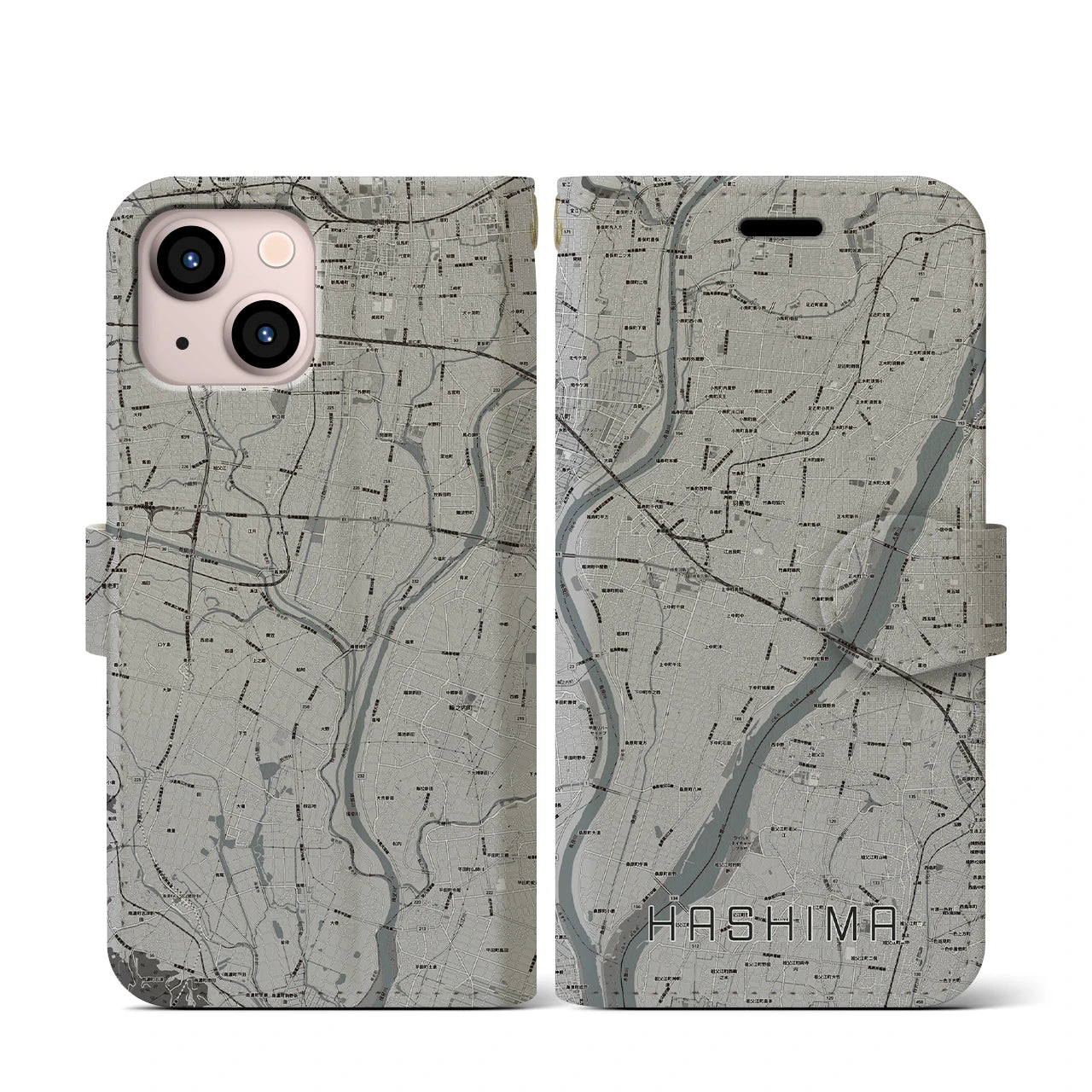 【羽島(岐阜県)】地図柄iPhoneケース(手帳タイプ)モノトーン・iPhone 13 mini 用