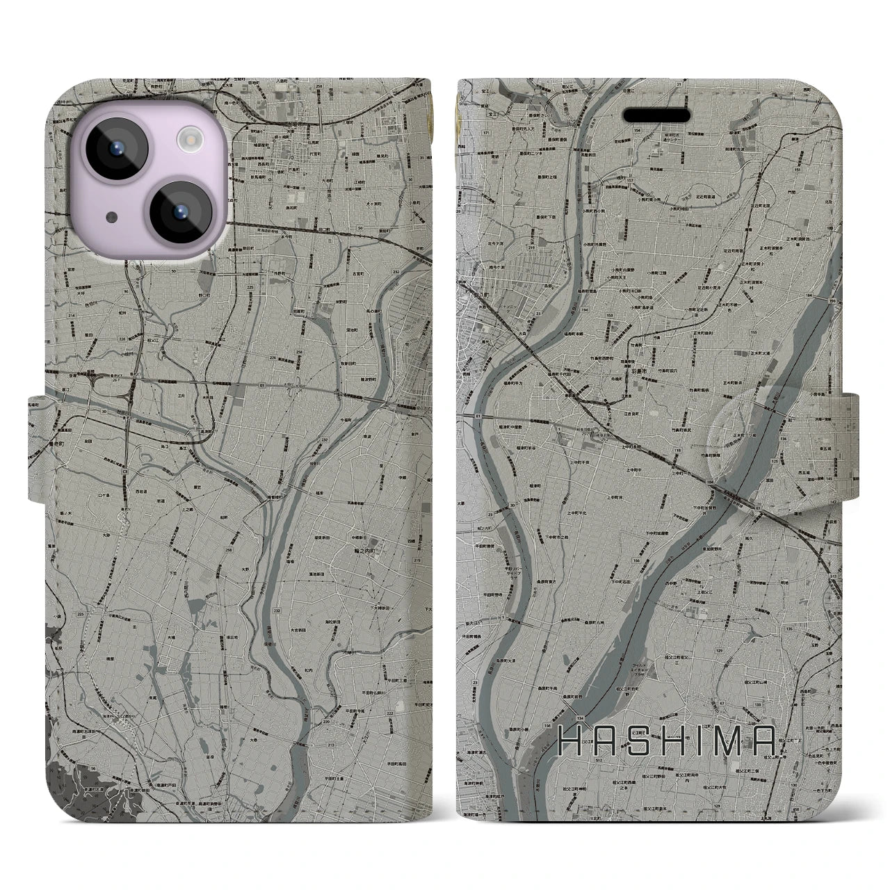 【羽島(岐阜県)】地図柄iPhoneケース(手帳タイプ)モノトーン・iPhone 14 用