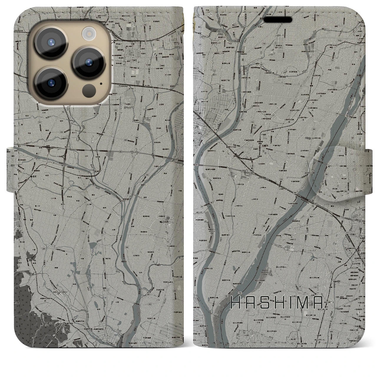 【羽島(岐阜県)】地図柄iPhoneケース(手帳タイプ)モノトーン・iPhone 14 Pro Max 用
