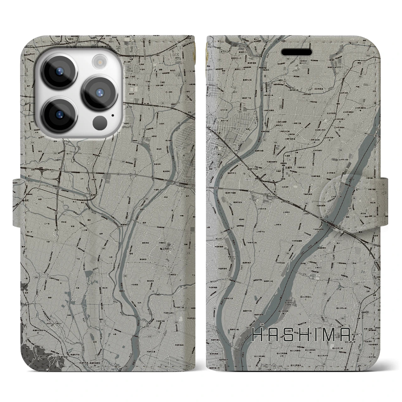 【羽島(岐阜県)】地図柄iPhoneケース(手帳タイプ)モノトーン・iPhone 14 Pro 用