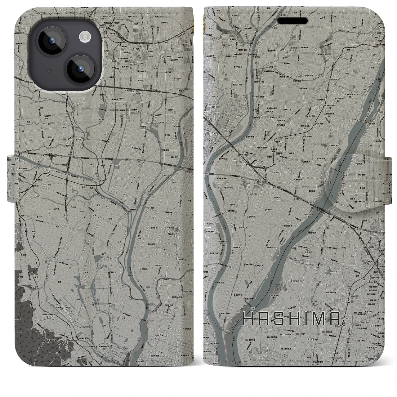 【羽島(岐阜県)】地図柄iPhoneケース(手帳タイプ)モノトーン・iPhone 14 Plus 用