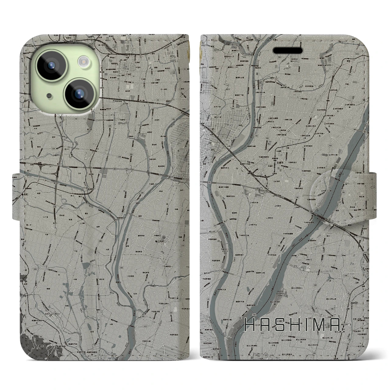 【羽島(岐阜県)】地図柄iPhoneケース(手帳タイプ)モノトーン・iPhone 15 用