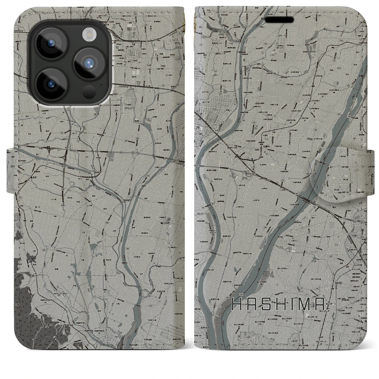 【羽島(岐阜県)】地図柄iPhoneケース(手帳タイプ)モノトーン・iPhone 15 Pro Max 用