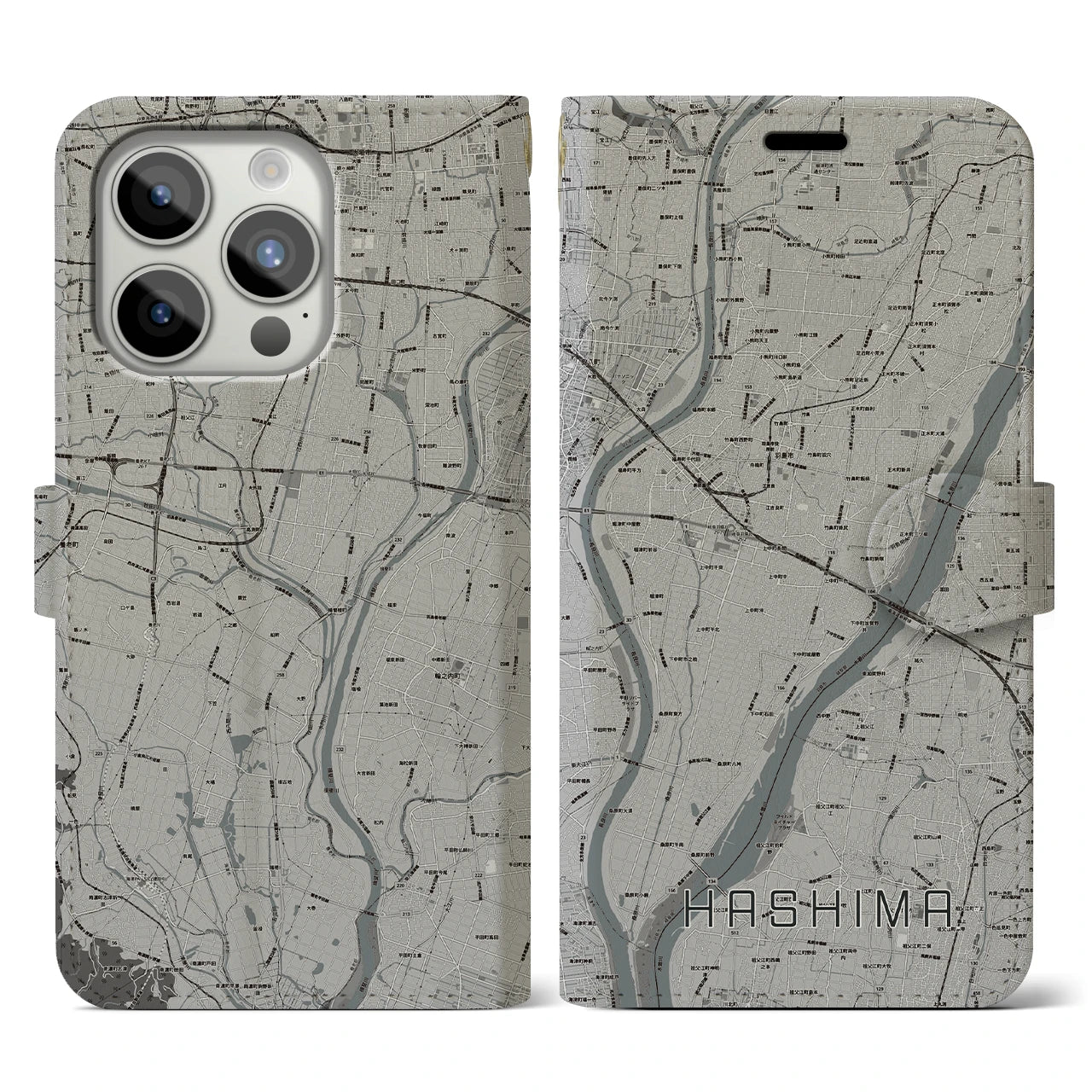 【羽島(岐阜県)】地図柄iPhoneケース(手帳タイプ)モノトーン・iPhone 15 Pro 用
