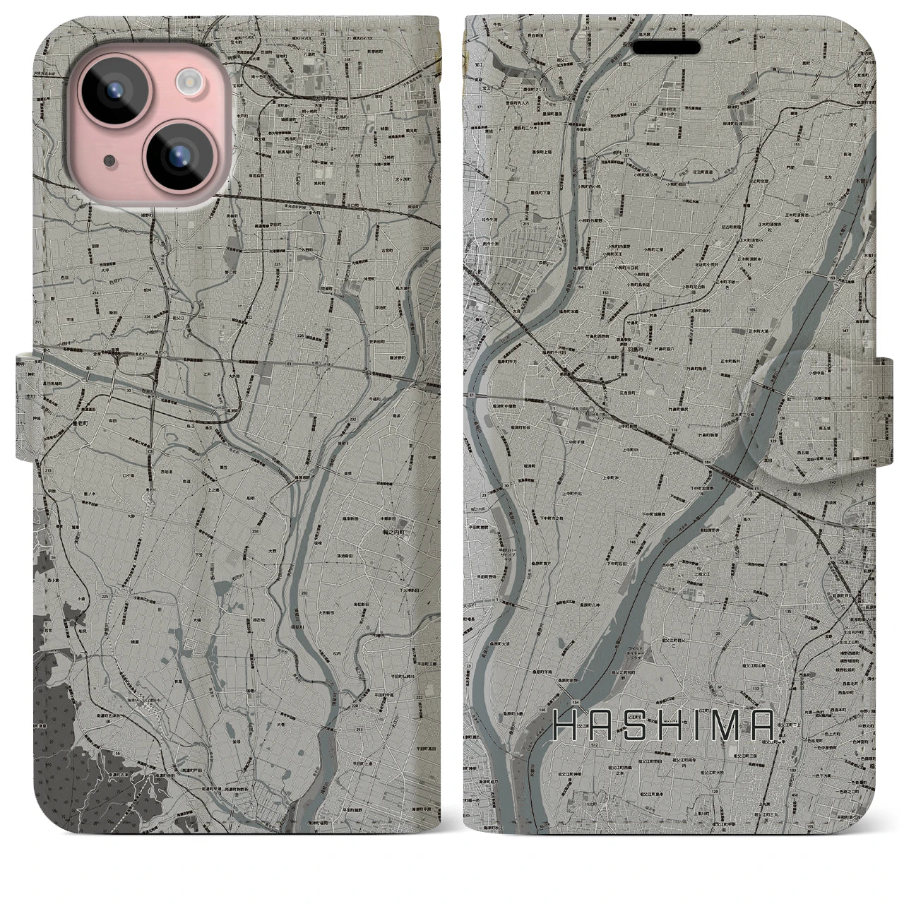 【羽島(岐阜県)】地図柄iPhoneケース(手帳タイプ)モノトーン・iPhone 15 Plus 用