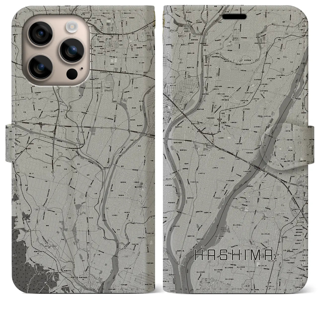 【羽島(岐阜県)】地図柄iPhoneケース(手帳タイプ)モノトーン・iPhone 16 Plus 用