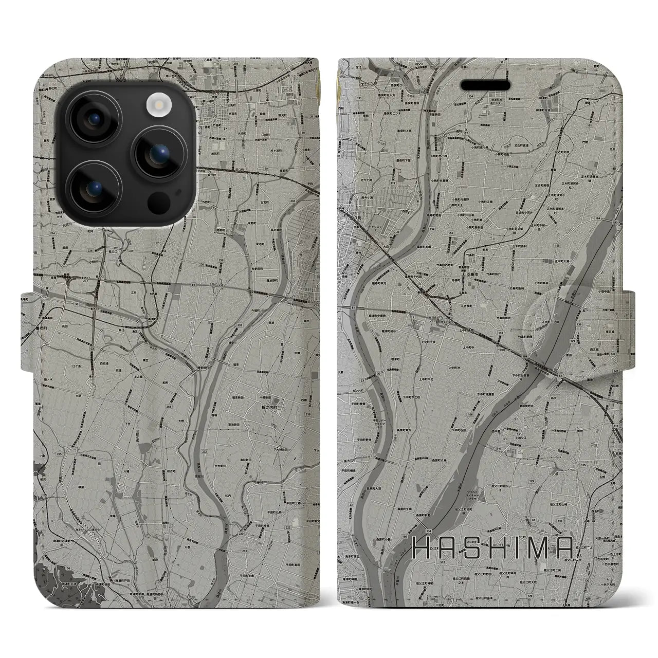 【羽島(岐阜県)】地図柄iPhoneケース(手帳タイプ)モノトーン・iPhone 16 用