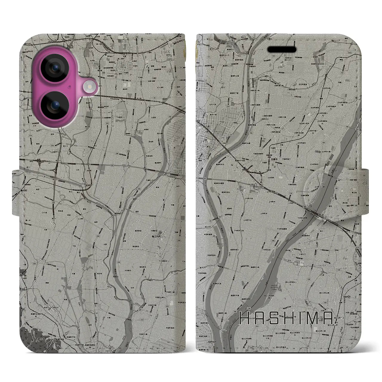 【羽島(岐阜県)】地図柄iPhoneケース(手帳タイプ)モノトーン・iPhone 16 Pro 用