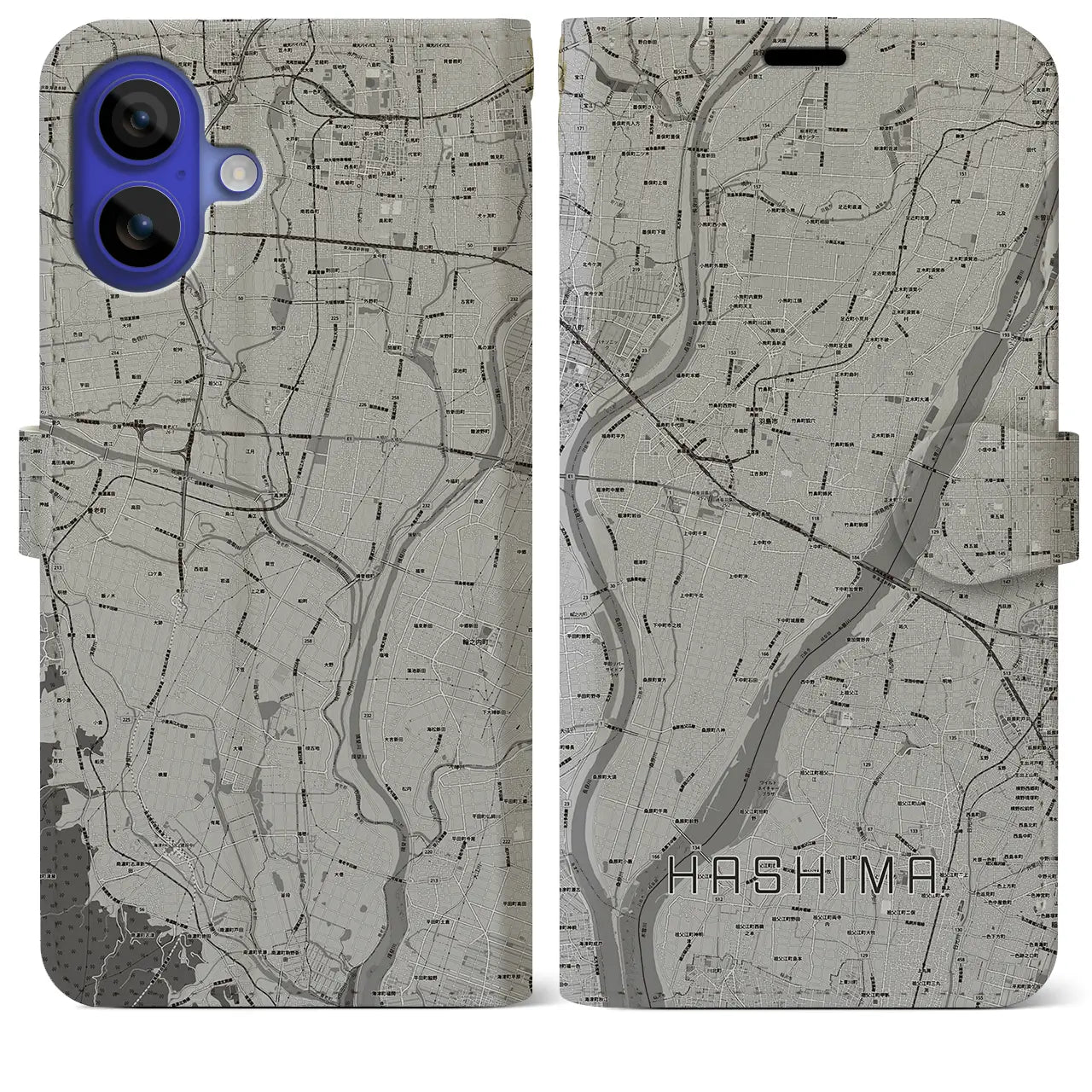 【羽島(岐阜県)】地図柄iPhoneケース(手帳タイプ)モノトーン・iPhone 16 Pro Max 用
