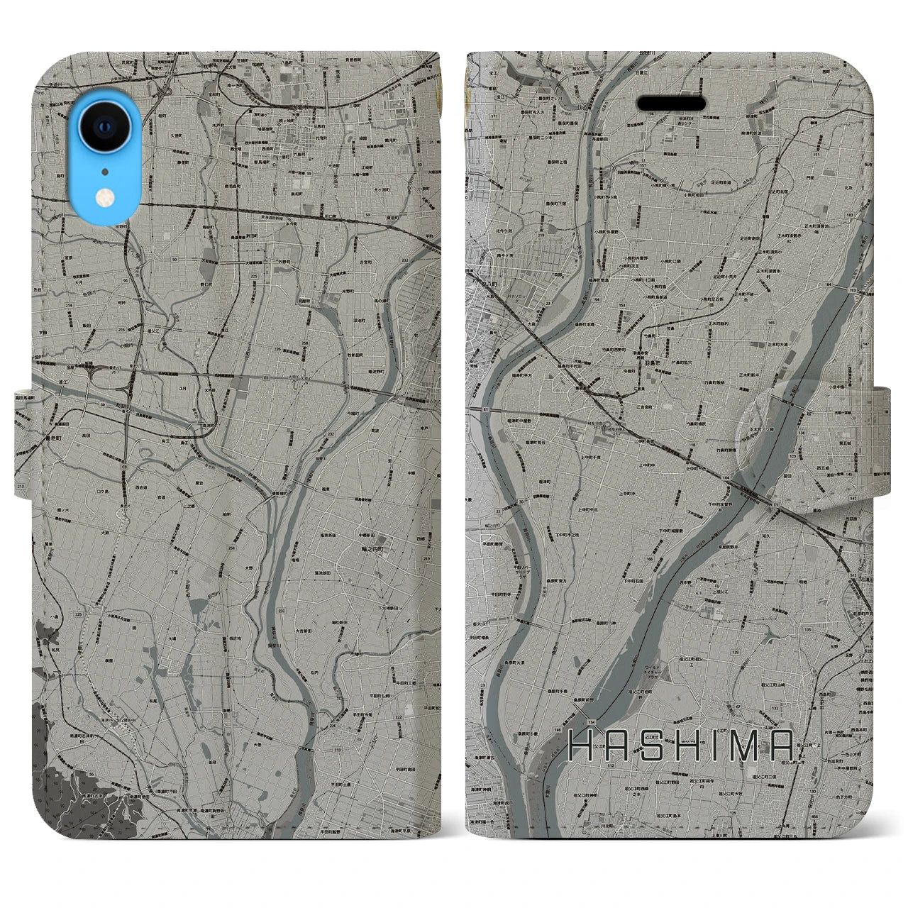 【羽島(岐阜県)】地図柄iPhoneケース(手帳タイプ)モノトーン・iPhone XR 用