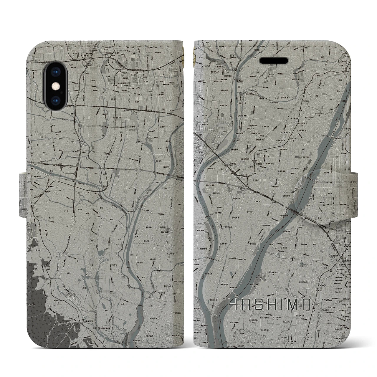 【羽島(岐阜県)】地図柄iPhoneケース(手帳タイプ)モノトーン・iPhone XS / X 用