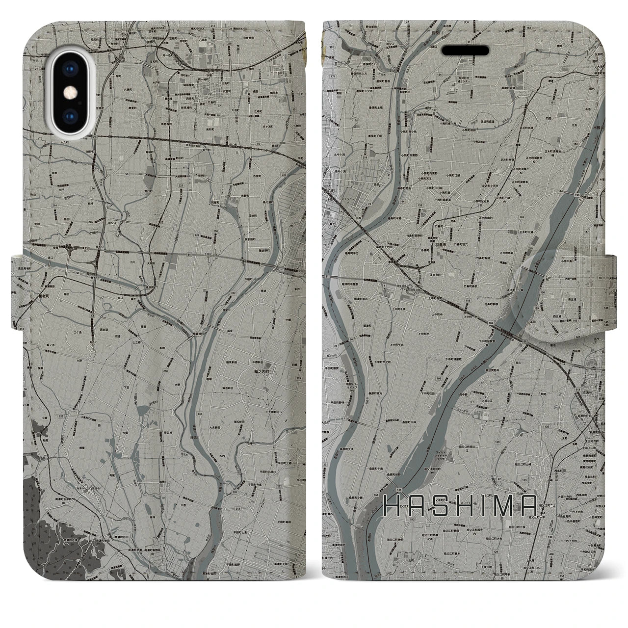 【羽島(岐阜県)】地図柄iPhoneケース(手帳タイプ)モノトーン・iPhone XS Max 用