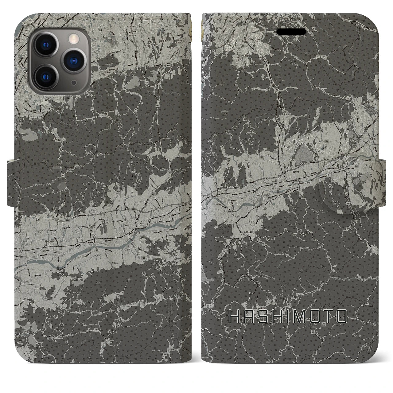 【橋本(和歌山県)】地図柄iPhoneケース(手帳タイプ)モノトーン・iPhone 11 Pro Max 用