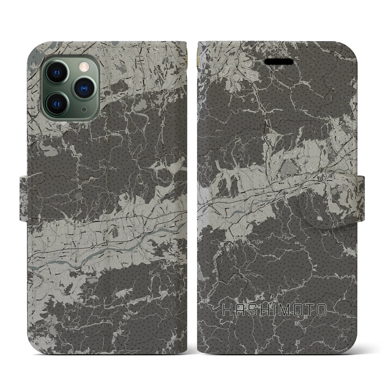 【橋本(和歌山県)】地図柄iPhoneケース(手帳タイプ)モノトーン・iPhone 11 Pro 用