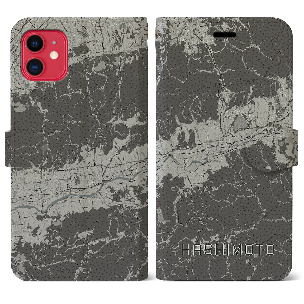 【橋本(和歌山県)】地図柄iPhoneケース(手帳タイプ)モノトーン・iPhone 11 用