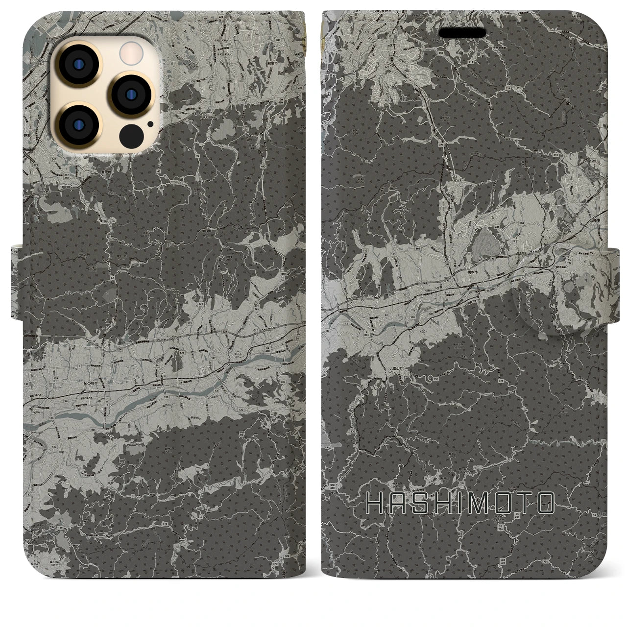 【橋本(和歌山県)】地図柄iPhoneケース(手帳タイプ)モノトーン・iPhone 12 Pro Max 用