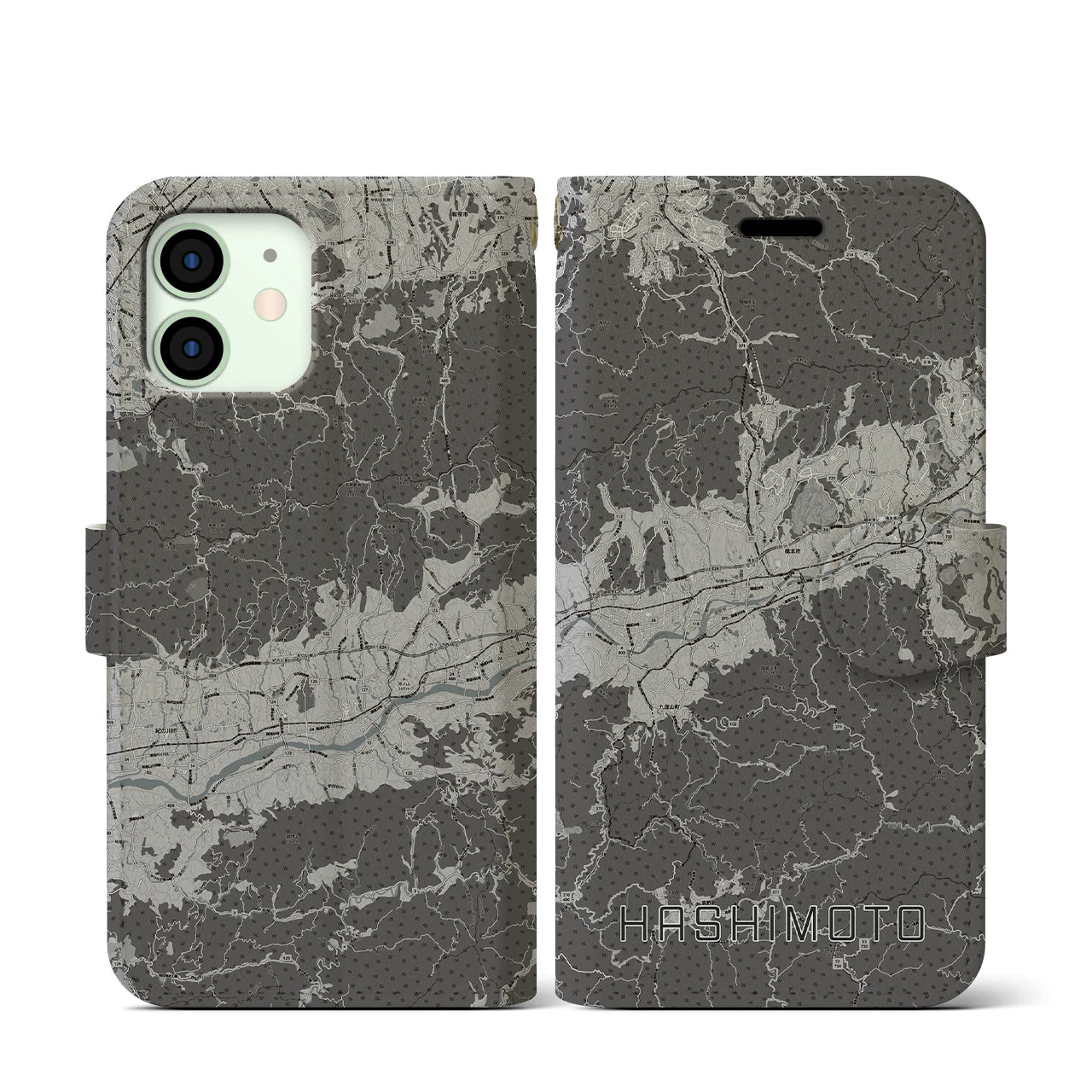 【橋本(和歌山県)】地図柄iPhoneケース(手帳タイプ)モノトーン・iPhone 12 mini 用