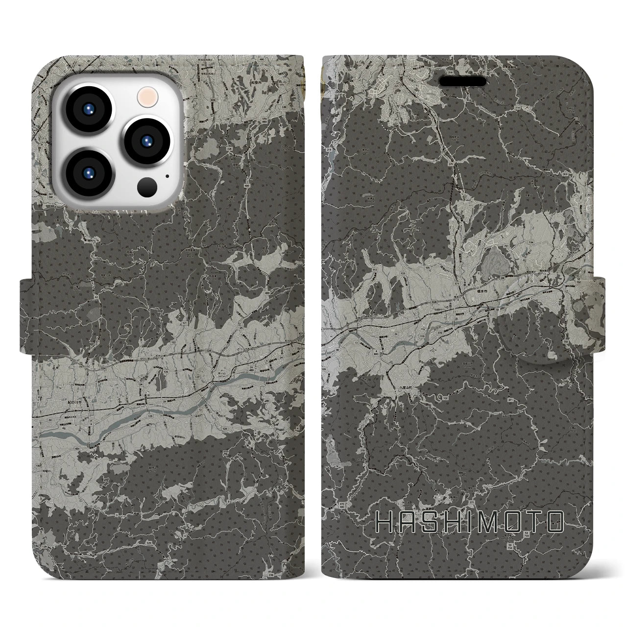 【橋本(和歌山県)】地図柄iPhoneケース(手帳タイプ)モノトーン・iPhone 13 Pro 用