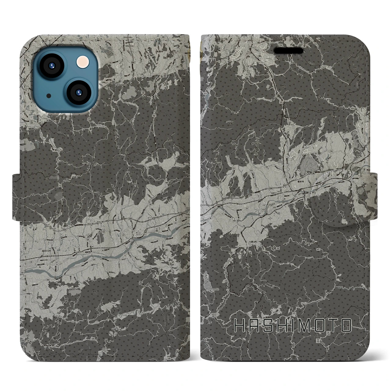 【橋本(和歌山県)】地図柄iPhoneケース(手帳タイプ)モノトーン・iPhone 13 用