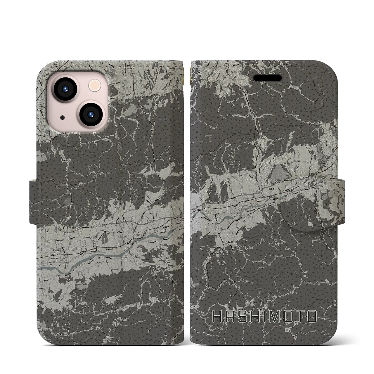 【橋本(和歌山県)】地図柄iPhoneケース(手帳タイプ)モノトーン・iPhone 13 mini 用