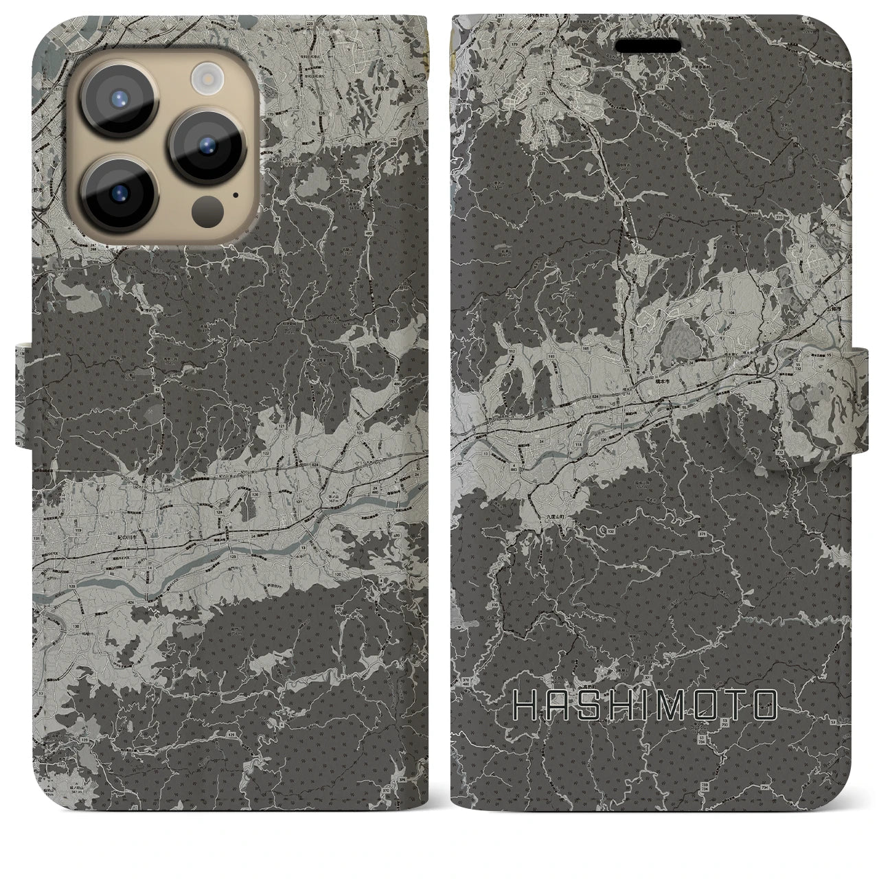 【橋本(和歌山県)】地図柄iPhoneケース(手帳タイプ)モノトーン・iPhone 14 Pro Max 用