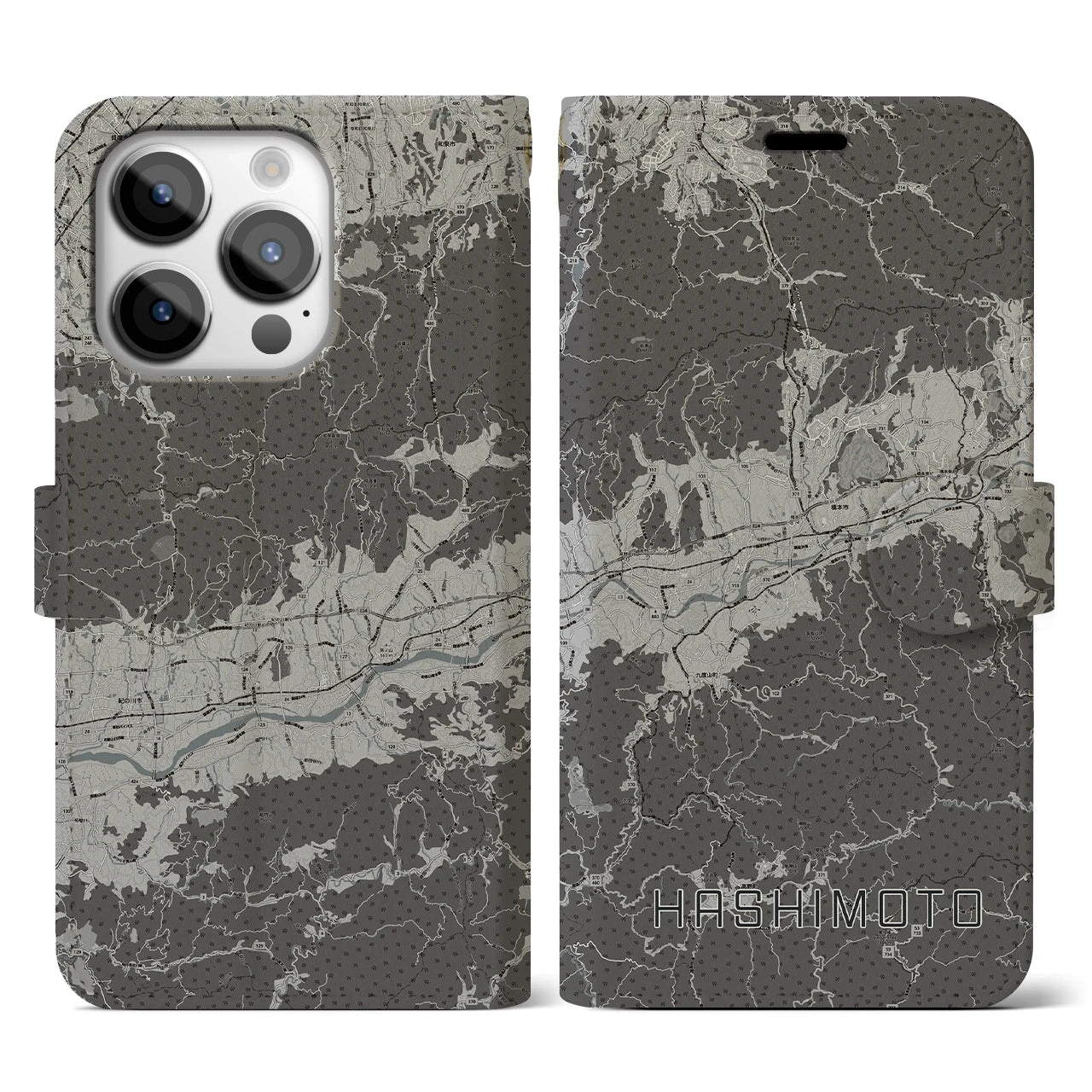 【橋本(和歌山県)】地図柄iPhoneケース(手帳タイプ)モノトーン・iPhone 14 Pro 用