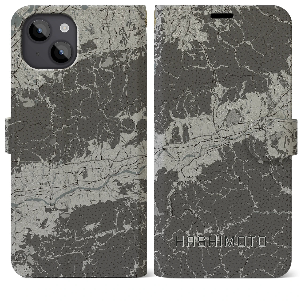 【橋本(和歌山県)】地図柄iPhoneケース(手帳タイプ)モノトーン・iPhone 14 Plus 用